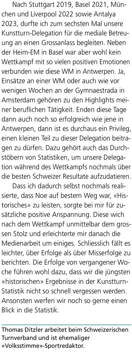 teedee87's tweet photo. Historische Kunstturn-Ereignisse erfordern eine «historische» Kolumne. Heute in der @Volksstimme_CH 
#swissgymnasticsteam #antwerp2023 https://t.co/QRfPIDZyLz
