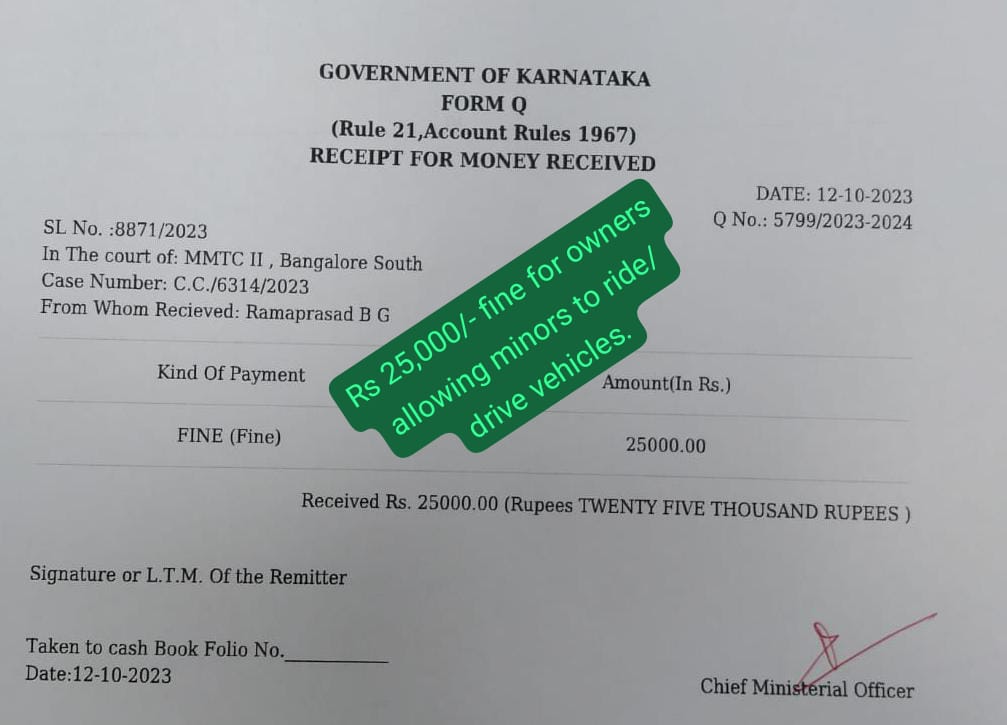 It's a lesson for parents or owners who knowingly or unknowingly allow their minor children to ride/drive vehicles on public roads.@blrcitytraffic @DCPTrWestBCP