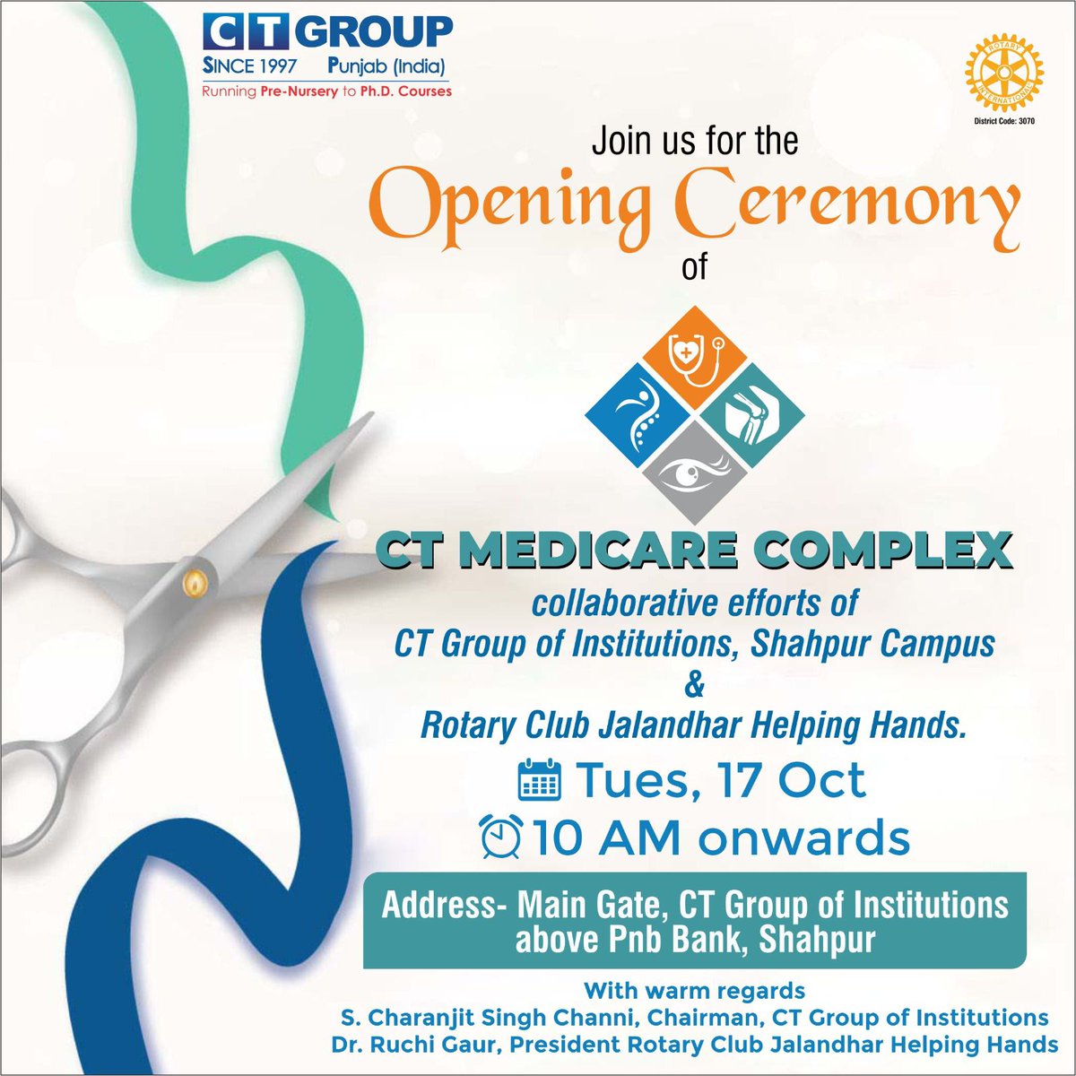 CTGroupshahpur's tweet photo. You're invited to join us for the Grand Opening Ceremony of CT MEDICARE COMPLEX, a collaborative endeavor between CT Group of Institutions, Shahpur Campus, and Rotary Club Jalandhar Helping Hands.
#CTGroup #CTMedicare #MedicareComplex #medicare #health #healthcare #opening https://t.co/7ABPC53rvG