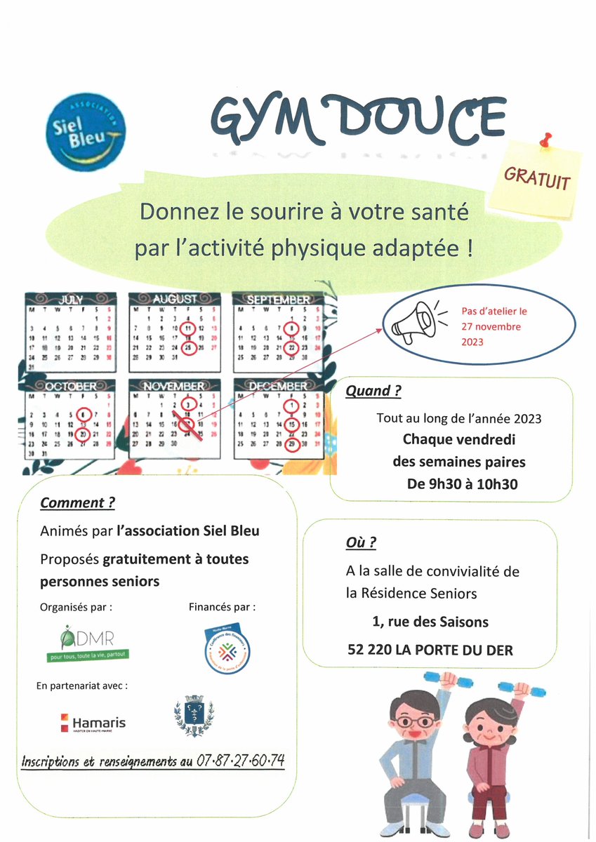 l'<a href="/assosielbleu/">Association Siel Bleu</a> en partenariat avec l'#ADMR, la #CDF, #Hamaris  et les Communes de La Porte du Der propose aux seniors une activité physique adaptée. 
C'est gratuit ! N'hésitez pas à vous inscrire et partagez l'information à votre entourage. 
#gymdouce #séniors #ruptureisolement