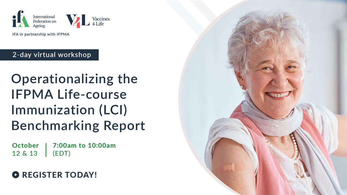IFAgeing's tweet photo. Join day 2 of the @IFA and @IFPMA joint workshop on adult vaccination and a life-course approach to immunization!
Don’t miss the conversation! Register here https://t.co/E3BnwT0Ylo
#Immunisations #LifecourseImmunization #VaccinesWork https://t.co/N3lAnWiVhy