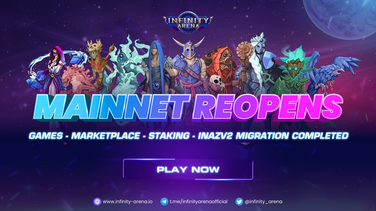 infinity_arena's tweet image. 🔥New token #INAZV2 is now fully integrated into Infinity Arena system on mainnet: game.infinity-arena.io

☑️Users' accumulated staking values, rewards, and in-game balances are well-reserved

☑️Marketplace, Mining, Lucky Arena, and PvP Battle welcome y'all to come explore again