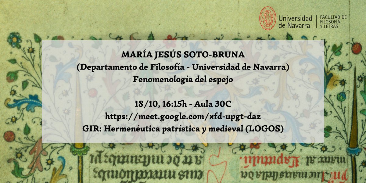 iem_unav's tweet photo. La próxima semana comienzan nuestros seminarios de este semestre. @MJSBruna10 nos introducirá en la “Fenomenología del espejo”. 
Se podrá seguir online a través de Google Meet. https://t.co/SRJxLo1uZt