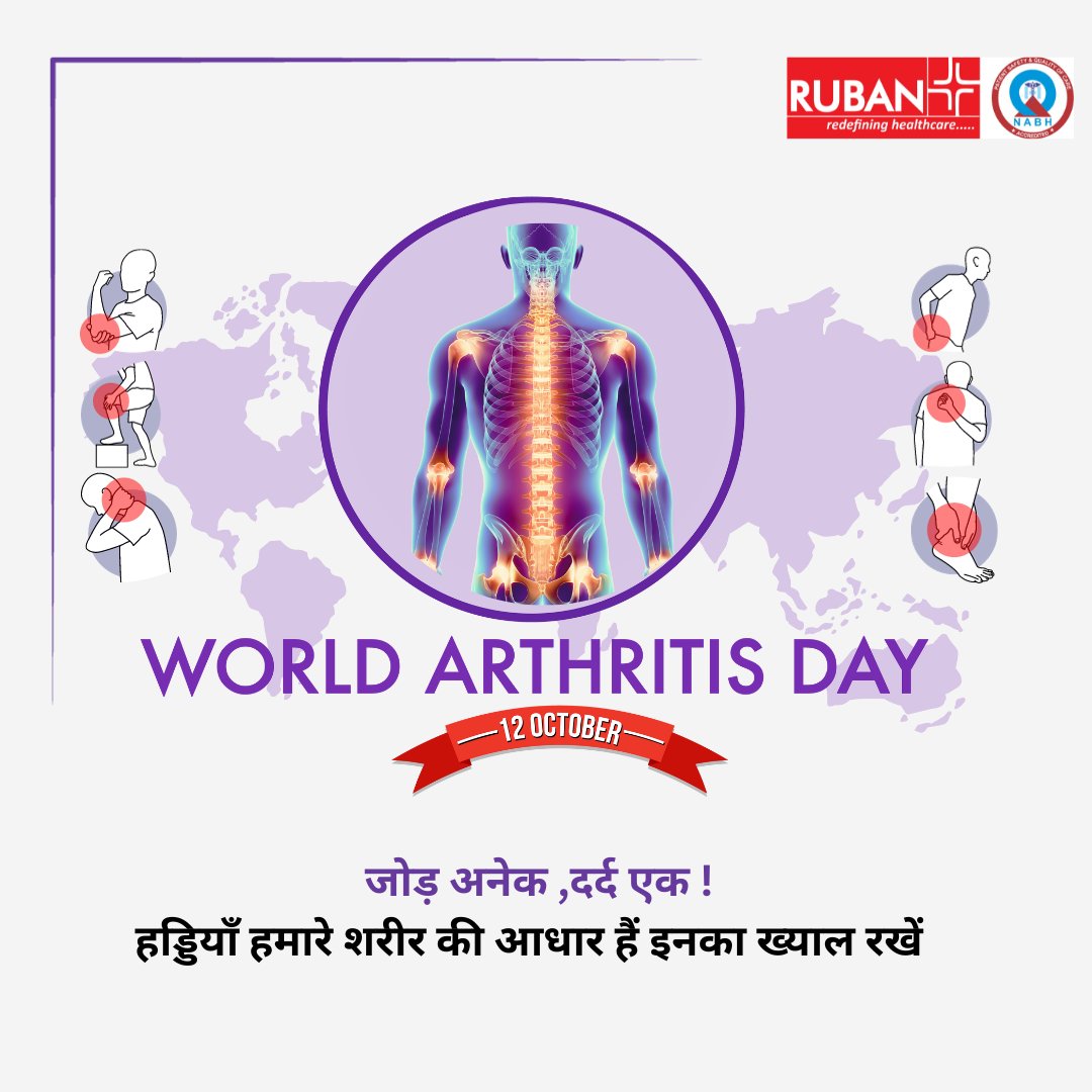 HospitalRuban's tweet photo. जोड़ों से ही हमारे शरीर की अवसंरचना बनी है, ये  जीवनभर हमें शरीर को सहारा देते हैं। हमें गतिशीलता का उपहार देते हैं। इनका ख्याल रखें । 
#WorldArthritisDay  #arthritis #arthritissupport #ArthritisAwareness  #orthopaedics #rubanhospital #orthopedicsurgery https://t.co/mVdHRv5aZ3