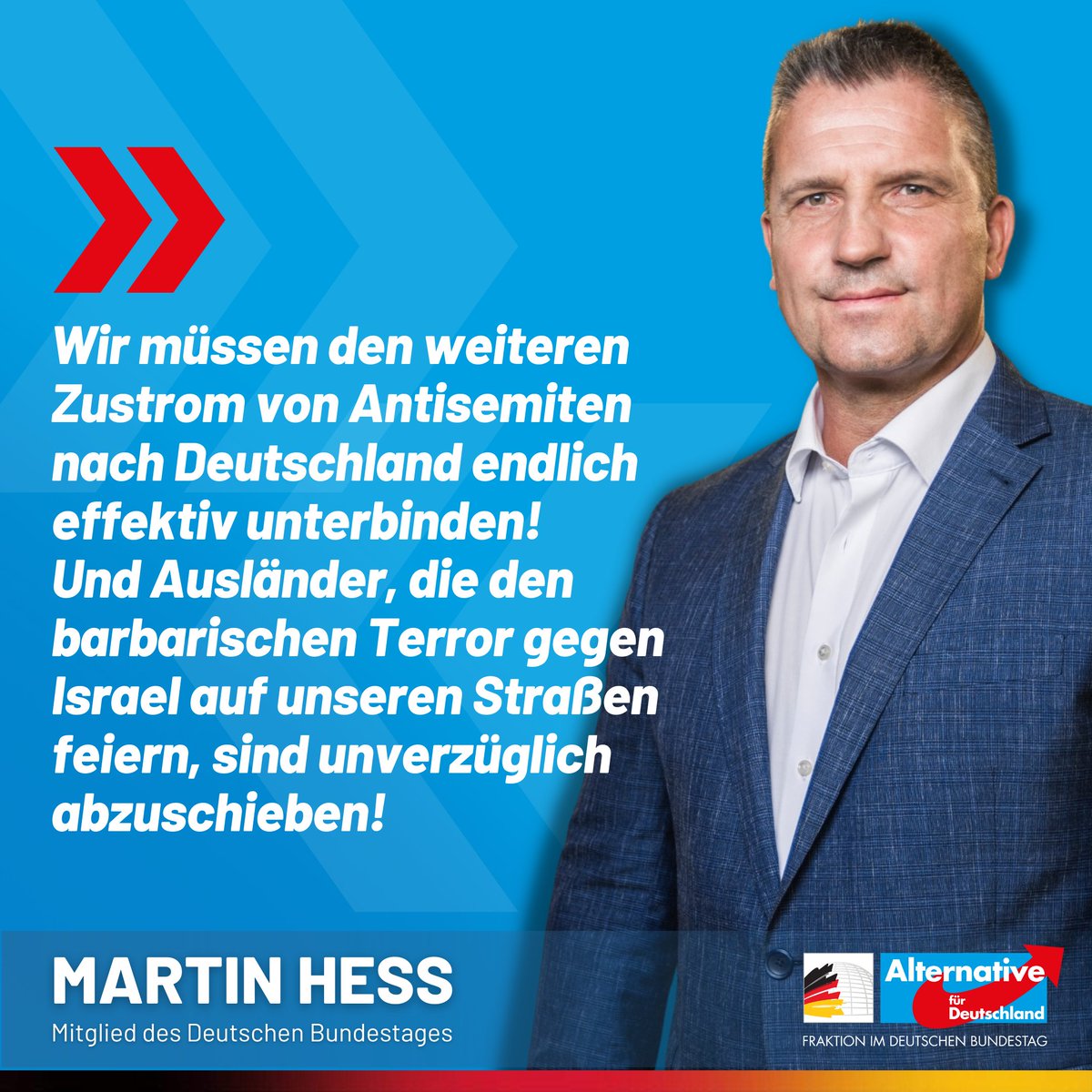 Martin_Hess_MdB's tweet photo. Erneut ist jüdisches Leben in Deutschland bedroht. Es ist die Angst vor radikalen Muslimen, die jüdische Mitbürger zwingt, sich nun aus dem öffentlichen Leben zurückzuziehen. Da die Sicherheit der Spieler nicht gewährleistet werden kann, haben einige jüdische Sportvereine ihren Betrieb vorerst eingestellt. Eine Israel-Demo in Berlin-Neukölln wurde zudem abgesagt, weil man Übergriffe oder gar Anschläge durch Hamas-Sympathisanten fürchtete. Dass jüdische Mitbürger in Deutschland wieder um ihre Gesundheit und sogar um ihr Leben fürchten müssen, ist entsetzlich und erschüttert mich zutiefst. Die Frage, wie es dazu kommen konnte, stellt sich für die AfD nicht, denn wir alle kennen die Antwort: Dieser Antisemitismus, den wir nun auf unseren Straßen ertragen müssen, ist größtenteils importiert. 

Es genügt ein Blick auf die Teilnehmer der Anti-Israel-Demonstrationen, um zu begreifen, was hierzulande geschieht. Es sind vor allem junge muslimische Männer, die die Ermordung unzähliger Israelis feiern. In Neukölln hat es am Wochenende begonnen, andere antisemitische Aufläufe in ganz Europa folgten. Es ist vor allem das Klientel, welches seit 2015 mit der Zustimmung aller anderen Parteien in unser Land strömt, das nun "Tod Israel" in unseren Städten brüllt. Für diese Islamisten ist ihr offen zur Schau getragender Antisemitismus jedoch nur ein Teil ihres Hasses, denn sie lehnen die gesamte westliche Welt grundsätzlich ab und hassen die Art, wie wir leben so sehr, dass sie sie permanent bekämpfen, wie zahllose Terroranschläge in Europa beweisen. 

Diese Leute wollen sich nicht integrieren und werden sich nie integrieren. Sie haben in unserem Land nichts zu suchen! Aber aus falscher Toleranz diesen radikalen Moslems gegenüber hat man sie seit Jahren gewähren lassen und ihren offenen Israel-Hass bagatellisiert oder gar ignoriert. Jetzt rächt sich dieses kollektive Wegschauen - und das auf Kosten der Sicherheit und der Freiheit der jüdischen Mitbürger, die mitten unter uns leben.

Wir als AfD haben unentwegt vor eben dieser Entwicklung gewarnt. Wer jüdisches Leben in Deutschland tatsächlich schützen will, darf Islamisten und Antisemiten nicht ungebremst in unser Land eindringen lassen. Wer sich auch in Zukunft weigert, robuste Maßnahmen gegen die illegale Massenmigration zu ergreifen, unterstützt auch weiterhin einen Judenhass, wie wir ihn seit 1945 nicht mehr erlebt haben. Für die Welt sind die Bilder aus Neukölln und Duisburg allerdings ein deutlicher Beweis dafür, dass Deutschland kapituliert hat. Kapituliert vor radikalen Islamisten und menschenverachtenden Antisemiten. Die Leidtragenden dieses sicherheitspolitischen Totalversagens, an dem alle anderen Partien beteiligt waren, sind unsere jüdischen Mitbürger. Das ist eine Schande für unser Land!

#Gaza #Hamas #Demos #Israel #Faeser #AfD #AfDjaa #Migranten #Migration #Islam #Islamisten #fürdich #fürdichseite #fürdichpage #Weidel #Chrupalla #Baerbock