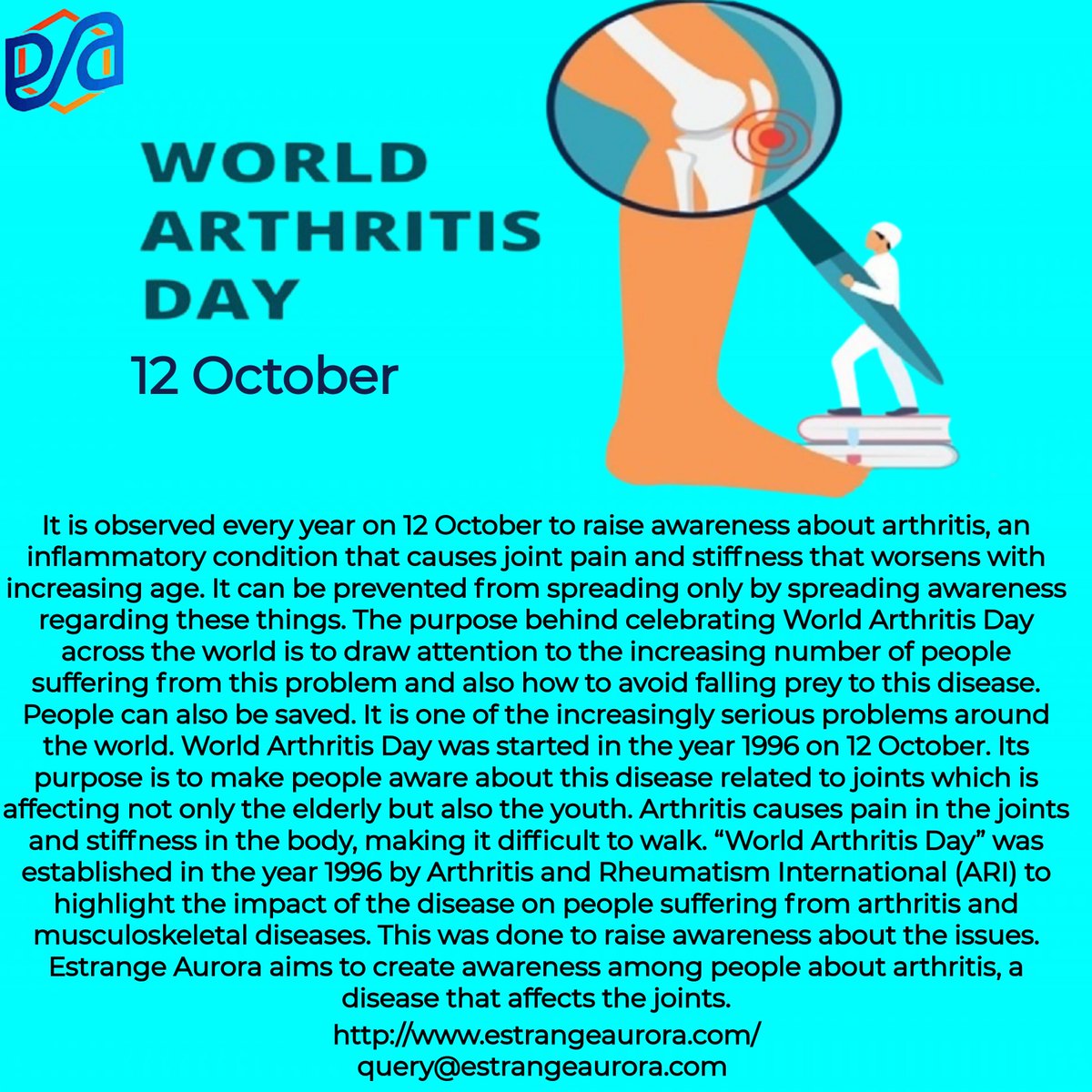 Happy World Arthritis Day from Estrange Aurora.
#worldarthritisday #arthritis #arthritisrelief #arthritiswarrior #arthritiscare #arthritispainrelief #arthritislife #arthritisresearch #autoimmunearthritis #arthritisadvocate #arthritistreatment #arthritisfoundation #EstrangeAurora