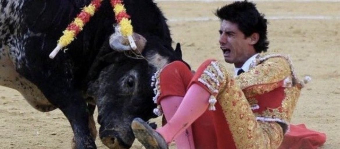 In July 2016, Spanish bullfighter Victor Barrio, was killed on live television when he was gored by a bull named Lorenzo during a bullfight. This image shows him just seconds before his death. His horrified wife, father, sister, and grandparents watched as the dreadful incident