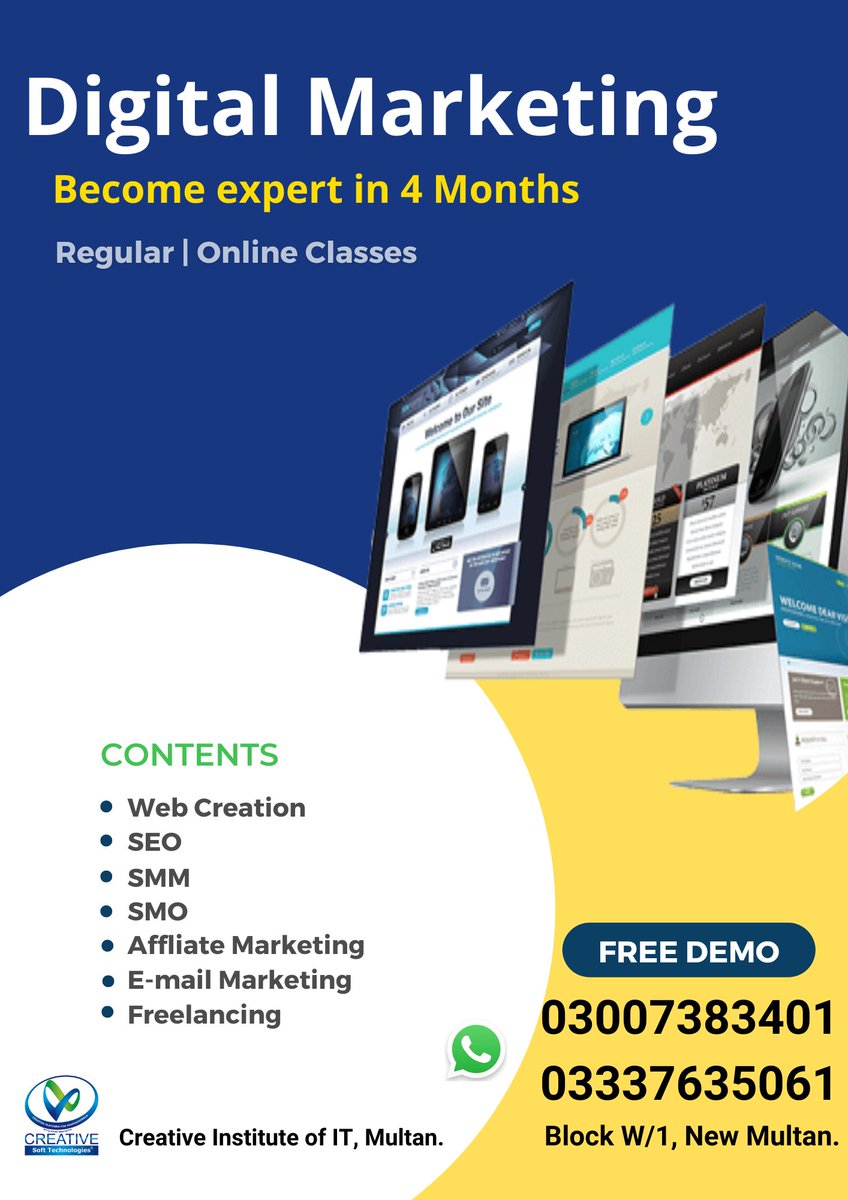 Creative Institute of IT, Multan
Student Inquiry Form: forms.gle/a3LpCKdqUpsTS5…
Website: …omputercoursesbycreative.blogspot.com
Address: BLOCK W/1, Near Govt. Girls Ira School, New Multan
For any Info: +92 300 738 3401 | 0333 763 5061
…………………………………………………