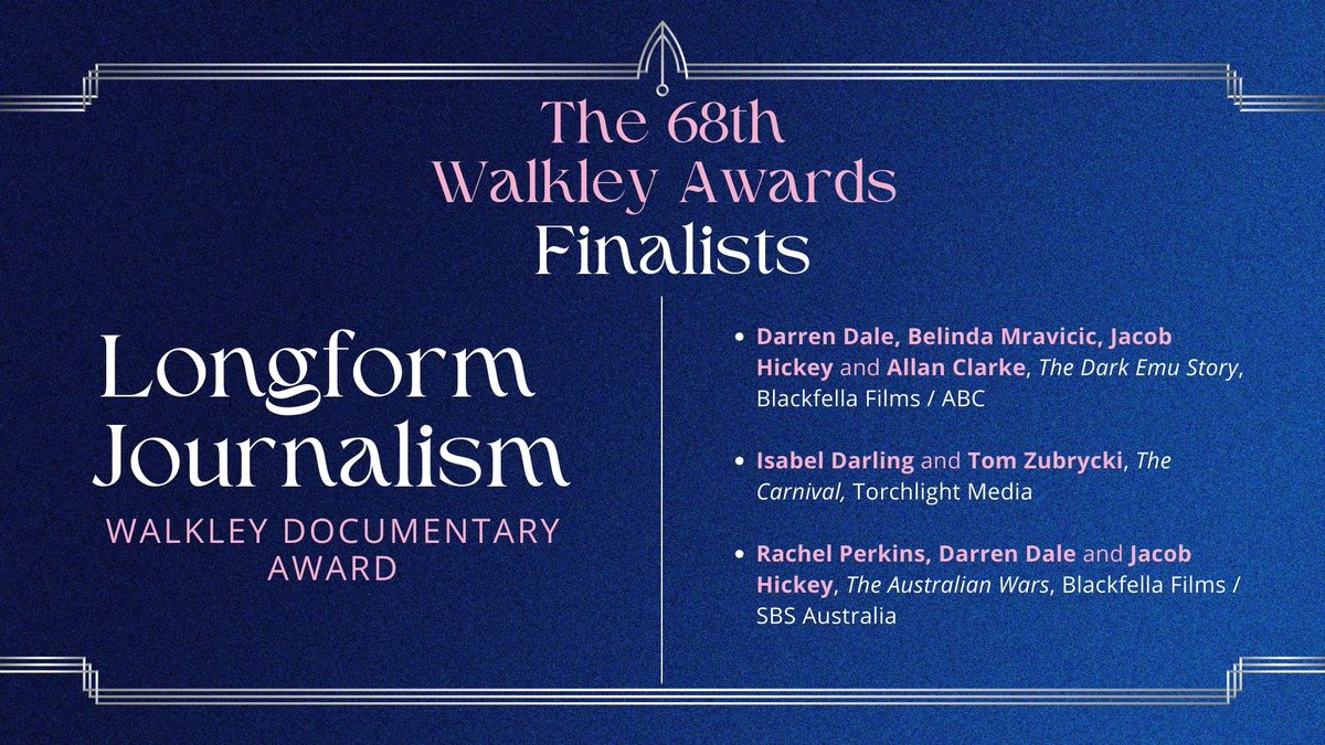Walkley Foundation (@walkleys) on Twitter photo The finalists for the Walkley Documentary Award are: Darren Dale, Belinda Mravicic, Jacob Hickey, Allan Clarke, <a href="/blackfellafilms/">Blackfella Films</a>, <a href="/abcnews/">ABC News</a>; Isabel Darling, Tom Zubrycki (<a href="/tzub/">Tom Zubrycki</a>), Torchlight Media; Rachel Perkins, Darren Dale, Jacob Hickey, <a href="/blackfellafilms/">Blackfella Films</a>, <a href="/SBS/">SBS Australia</a>. #walkleys The finalists for the Walkley Documentary Award are: Darren Dale, Belinda Mravicic, Jacob Hickey, Allan Clarke, <a href="/blackfellafilms/">Blackfella Films</a>, <a href="/abcnews/">ABC News</a>; Isabel Darling, Tom Zubrycki (<a href="/tzub/">Tom Zubrycki</a>), Torchlight Media; Rachel Perkins, Darren Dale, Jacob Hickey, <a href="/blackfellafilms/">Blackfella Films</a>, <a href="/SBS/">SBS Australia</a>. #walkleys