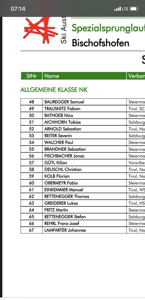 Lista startowa dzisiejszych zmagań w #Bischofshofen 🇦🇹. Na moje oko brakuje kilku juniorów (m.in. Leonarda #Netzer, Maximiliana #Slamik, bądź Andreasa #Gfrerer), którzy spisywali się w zawodach Alpen Cup.

#fisnoco #nordiccombined