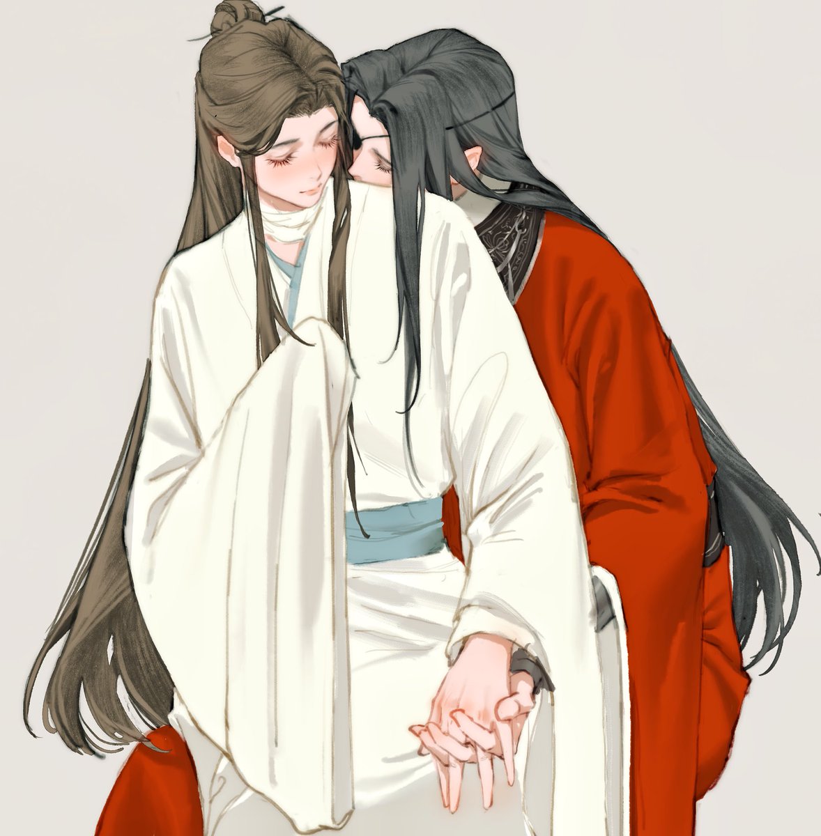 long hair closed eyes holding hands brown hair black hair chinese clothes long sleeves  illustration images