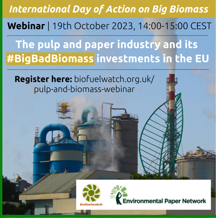 EiPolteta's tweet photo. Webinar on the Pulp and Paper industry and its #BigBadBiomass investments in Europe 19.10.
Pulp and paper companies are increasingly investing in biomass energy burning large quantities of wood additional to the energy needs of the pulp mills themselves.  
https://t.co/nMNbFfeZSM https://t.co/EpJS0xys9Q
