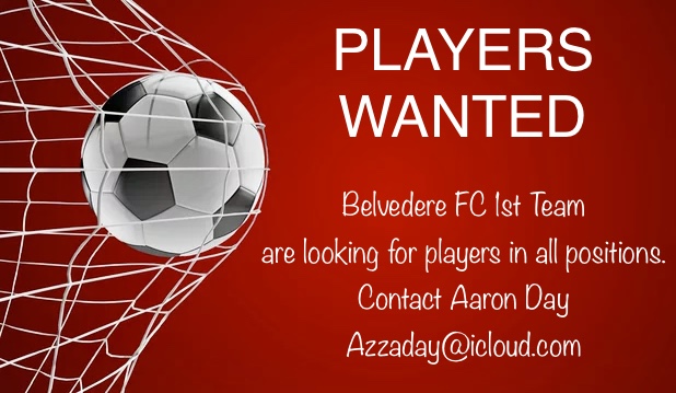 PLAYERS WANTED⚽️Belvedere  FC 1st  team  are  looking  for  players  aged  18+  in  all  positions. For  more  information  contact  Aaron Day
<a href="/AzzadayDay/">Azza Day</a>
#belvederefc #playerswanted