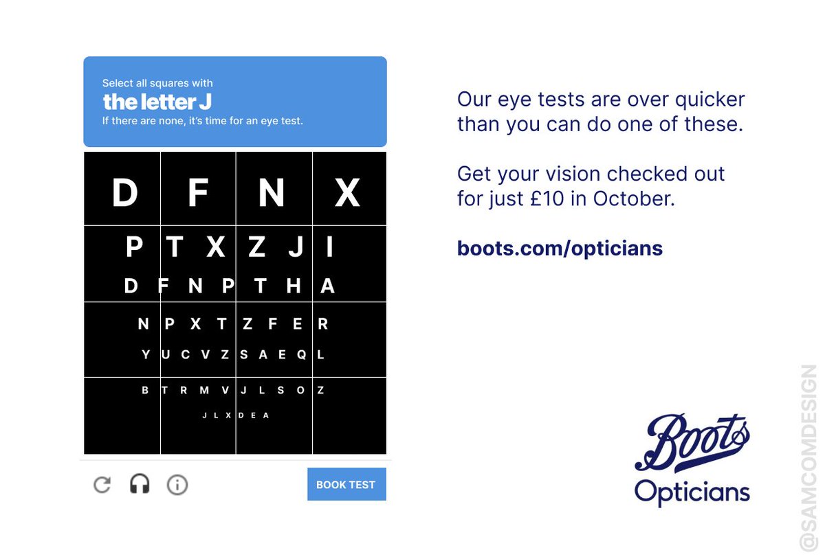 Don't strain your eyes, just book a test

<a href="/OneMinuteBriefs/">One Minute Briefs ⏱️</a> of the Day: Create posters to advertise #EyeTests for #WorldSightDay 😎📷<a href="/BootsUK/">Boots</a>