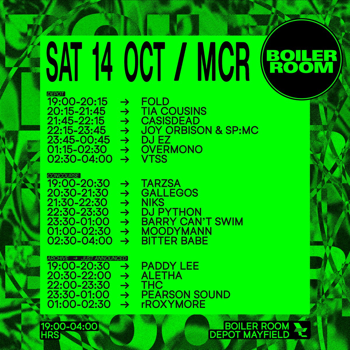 BOILER ROOM SET TIMES &amp; MERCH DROP

Boiler Room head to Manchester this weekend for one of the most hotly anticipated shows of WHP23. Some super-limited Boiler Room x WHP merch will be available to buy at the show and in our forthcoming online store.
