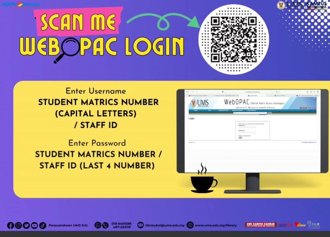 Libkal_UMS's tweet image. Makluman✌️

Berikut adalah cara atau panduan ringkas bagi menggunakan WEB OPAC Perpustakaan.

ATAU
Imbas Kod QR (Dalam Poster)

Sebarang pertanyaan atau masalah, sila hubungi talian whatsapp atau emel berikut.

#WebOpac
#LibraryUMSKAL