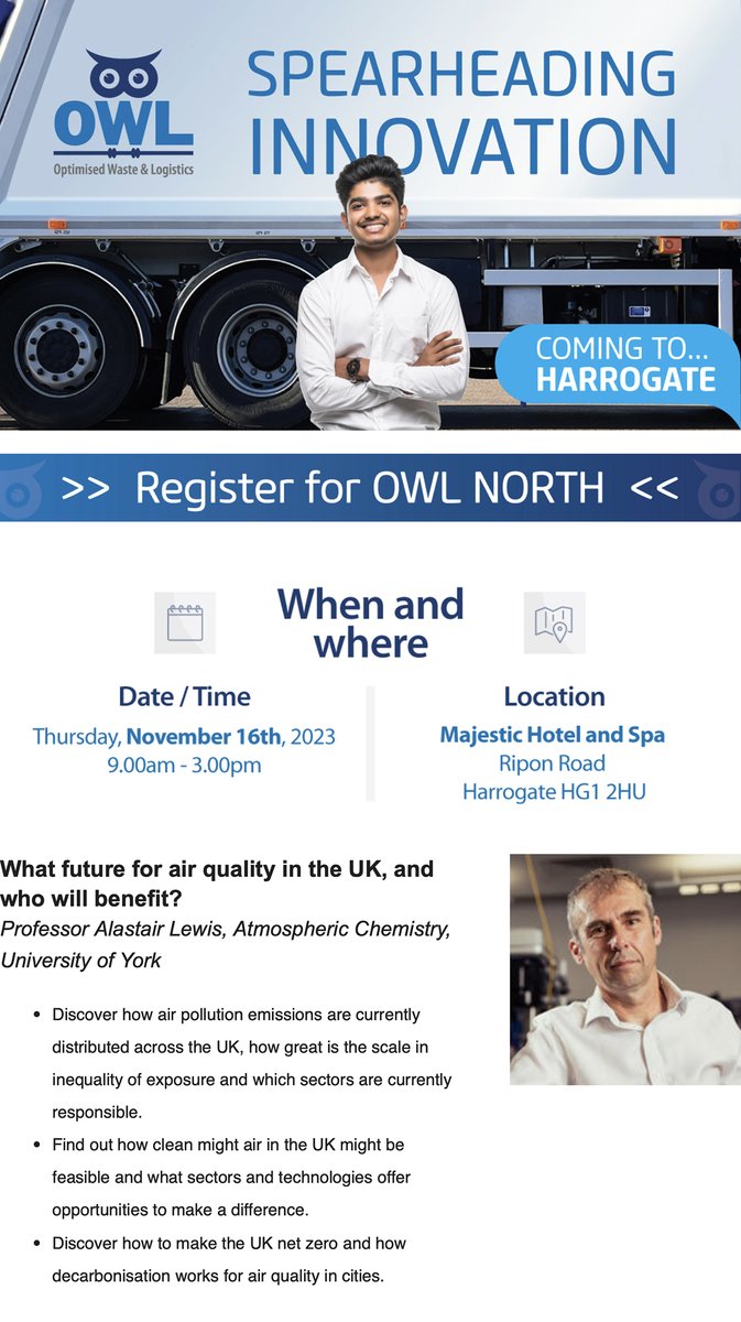 Professor Ally Lewis, University of York, will deliver the keynote at OWL North.
The 2020s will prove pivotal in transforming urban air quality in the UK, with transport as the sector to begin decarbonisation in earnest.

Register here:
lnkd.in/eiTCywrU