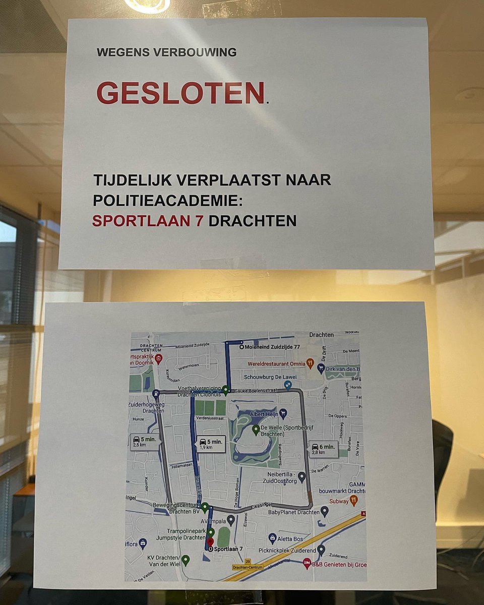 Vanwege de verbouwing is politiebureau Drachten op adres Moleneind ZZ 77 tijdelijk gesloten. De bezoekersbalie is verplaatst naar de <a href="/Politieacademie/">Politieacademie</a> op adres Sportlaan 7 te #Drachten. Voor vragen en afspraken kunt u zich daar melden.