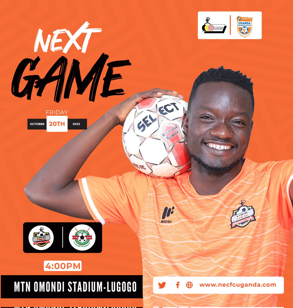 🚨 Matchday Alert! 🚨

After the international break, we face UPDF FC on Friday, 20th October, 2023, at MTN Omondi Stadium - Lugogo, 1600 hours. 

Let's rally together and paint the stands with our orange 🧡 and green 💚

#NECFC #Diehards #Matchday4 #StarTimesUPL