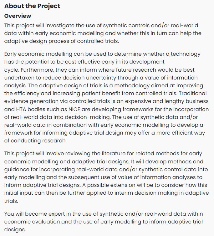 New #PhD opportunity! 'The use of synthetic and/or real-world data within early economic modelling to guide the adaptive design process of controlled trials', supervised by @GurdeepNCL, @JMSWason & Steve Rice. Apply here: shorturl.at/yBGR2 @nclbiostats #healtheconomics #HTA