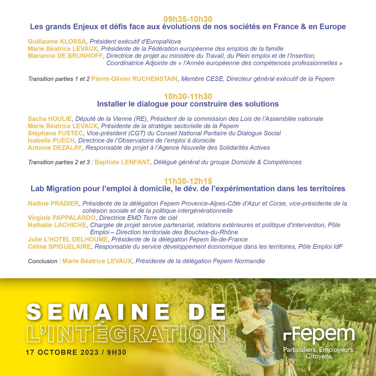 📢 #Event

À l'occasion de la #SemaineDeLintégration, la FEPEM organise une matinée d'échanges qui abordera notamment les évolutions sociétales &amp; l'expérimentation de notre #LabMigration pr relever le défi de l'#intégration.

Inscription 👉 urlz.fr/nYBX
Programme 👇