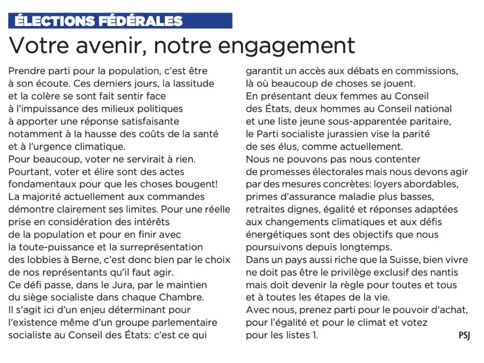 Élections fédérales 2023: votre avenir, notre engagement🌹. Retrouvez le communiqué de presse du PSJ publié ce jour dans le @quotidienjurassien @math_crevoisier <a href="/nathbarthoulot/">Nathalie Barthoulot</a> <a href="/loicdobler/">Loïc Dobler</a> <a href="/JeunesseSocJura/">Jeunesse socialiste jurassienne - JSJ</a> <a href="/PSSuisse/">PS Suisse</a> @lehmann_katia