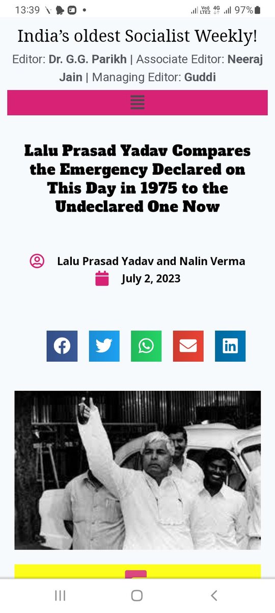 NalinAnant's tweet photo. #JanataWeekly, oldest Socialist magazine edited by 97 yr old #GGParikh carries his memoir's portion in which @laluprasadrjd has compared emergency declared by #IndiraGandhi in 1975 & d undeclared one by #NarendraModi
https://t.co/47oYKu11GS
#INDIAAllian https://t.co/sCoytWexhq