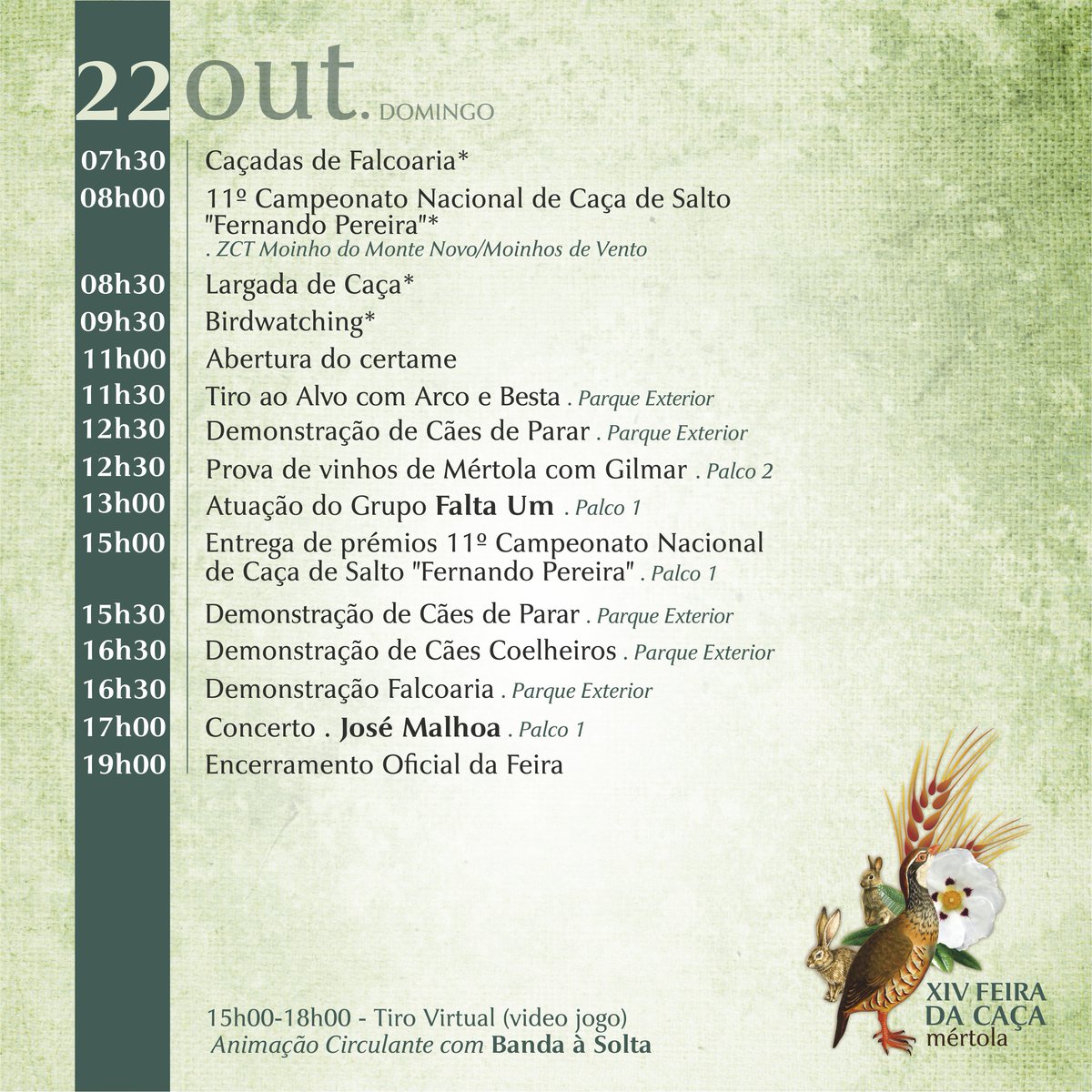 🆕Já se encontra disponível o programa da Feira da Caça de Mértola, que se realiza de 20 a 22 de outubro no Pavilhão Multiusos Expo Mértola.
