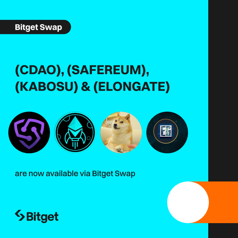 bitget's tweet photo. $CDAO, $SAFEREUM, $KABOSU &amp; $ELONGATE are now available via #Bitget Swap. @CyberDAO__ @safereumio @KabosuBn @elongate_wtf
 
🚀 #Swap now: https://t.co/uhLO4tSWcC

🎁 A total of $100 #giveaway for 10 members! Just simply RT + TAG 3 friends.

More details: