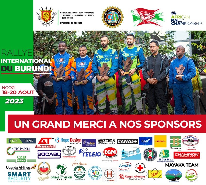 Rallye International du #Burundi🇧🇮

Un grand MERCI à tous nos généreux sponsors et partenaires qui, par leur fidèle soutien et collaboration, ont rendu possible la tenue de cet important événement.

#OdeurYaRallye #Burundi #Ngozi #FIA #ARC #AfricanRallyChampionship #rallylovers