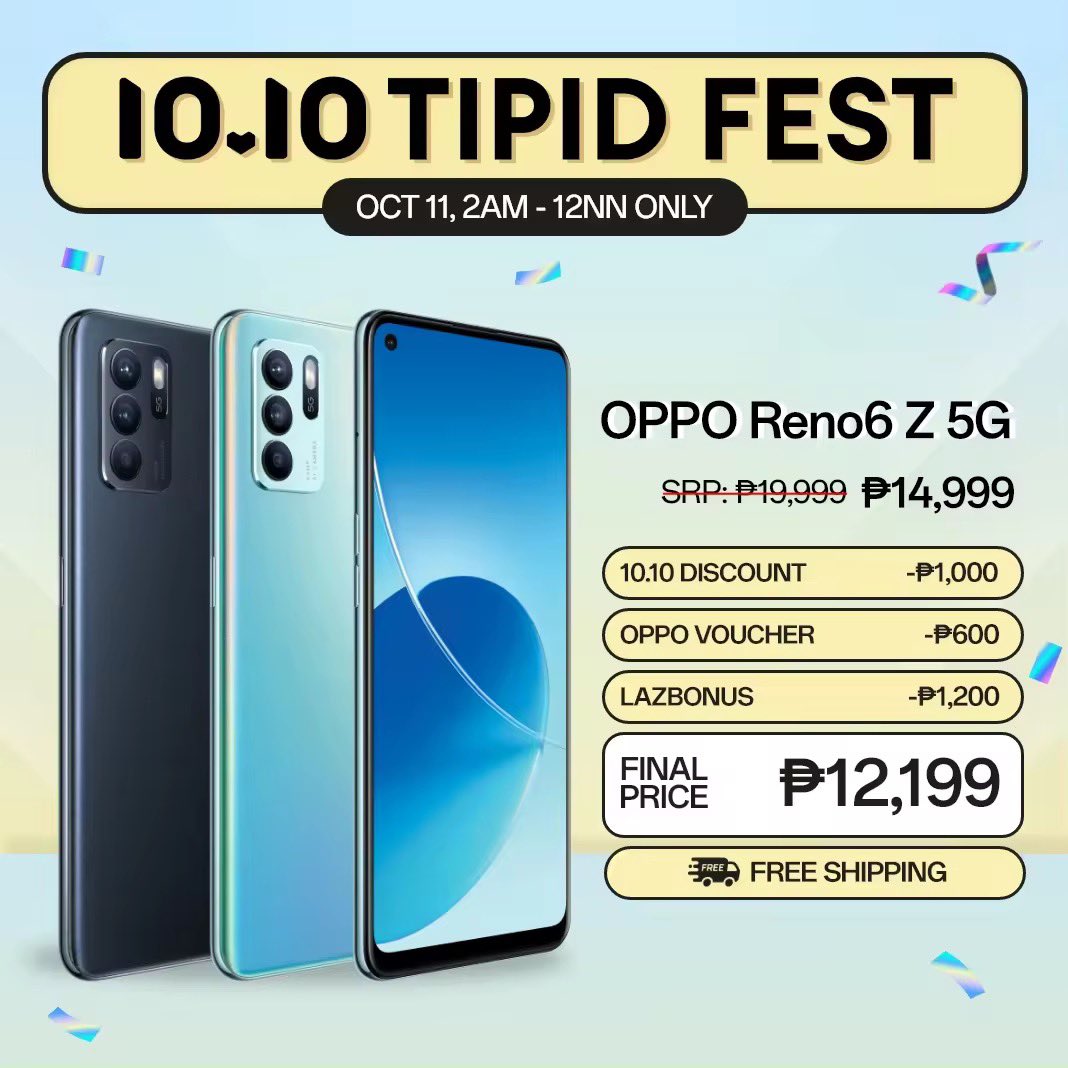 TIPIDFindsPh's tweet image. 🎉10.10 TIPID FEST 
OPPO Reno6 Z 5G |8+128GB |64MP AI Triple Camera | Portrait Beautification Video | Bokeh Flare Portrait | Stylish and Sleek Design Smartphone

Place your order here👇
s.lazada.com.ph/s.inZCo?cc

Ps. collect ng voucher sa baba ng item bago checkout.

#1010TipidFest