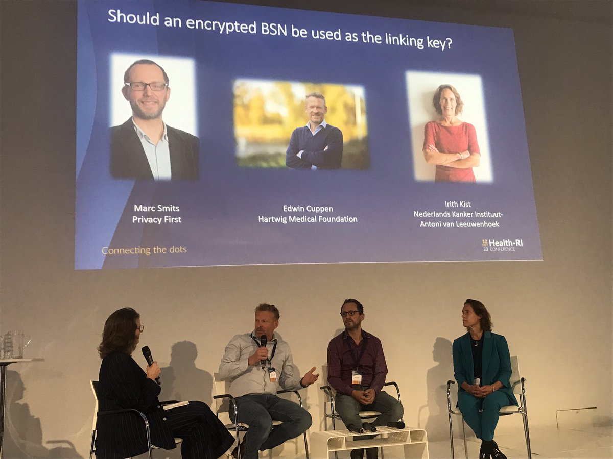 Mijke Jetten🌱 (@jettenmijke) on Twitter photo In discussion w Marc Smits <a href="/privacyfirst/">Privacy First</a> <a href="/ecuppen/">Edwin Cuppen</a> <a href="/HartwigMedical/">Hartwig Medical</a> Irith Kist <a href="/NKI_nl/">The Netherlands Cancer Institute</a> on encrypted BSN as linking key #healthri2023 <a href="/Health__RI/">Health-RI</a>. ‘Connecting the Dots via joint Health-RI effort is an opportunity to solve the obstacles for this topic & bridge different interest’ In discussion w Marc Smits <a href="/privacyfirst/">Privacy First</a> <a href="/ecuppen/">Edwin Cuppen</a> <a href="/HartwigMedical/">Hartwig Medical</a> Irith Kist <a href="/NKI_nl/">The Netherlands Cancer Institute</a> on encrypted BSN as linking key #healthri2023 <a href="/Health__RI/">Health-RI</a>. ‘Connecting the Dots via joint Health-RI effort is an opportunity to solve the obstacles for this topic & bridge different interest’