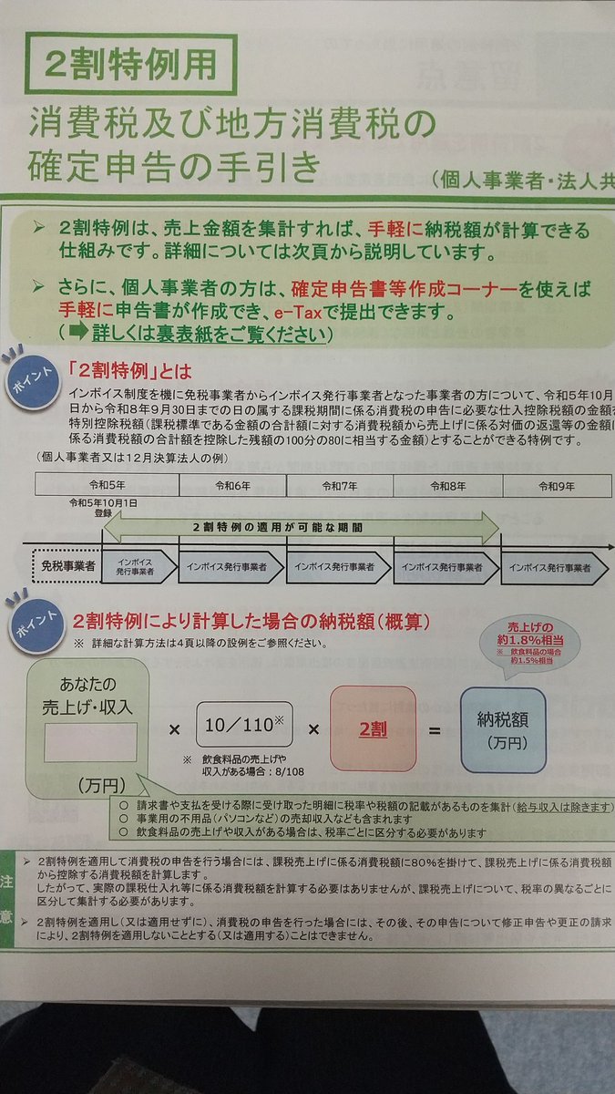 消費税の確定申告の手引き２割特例 用もらってきた。勉強しなきゃ😃💦