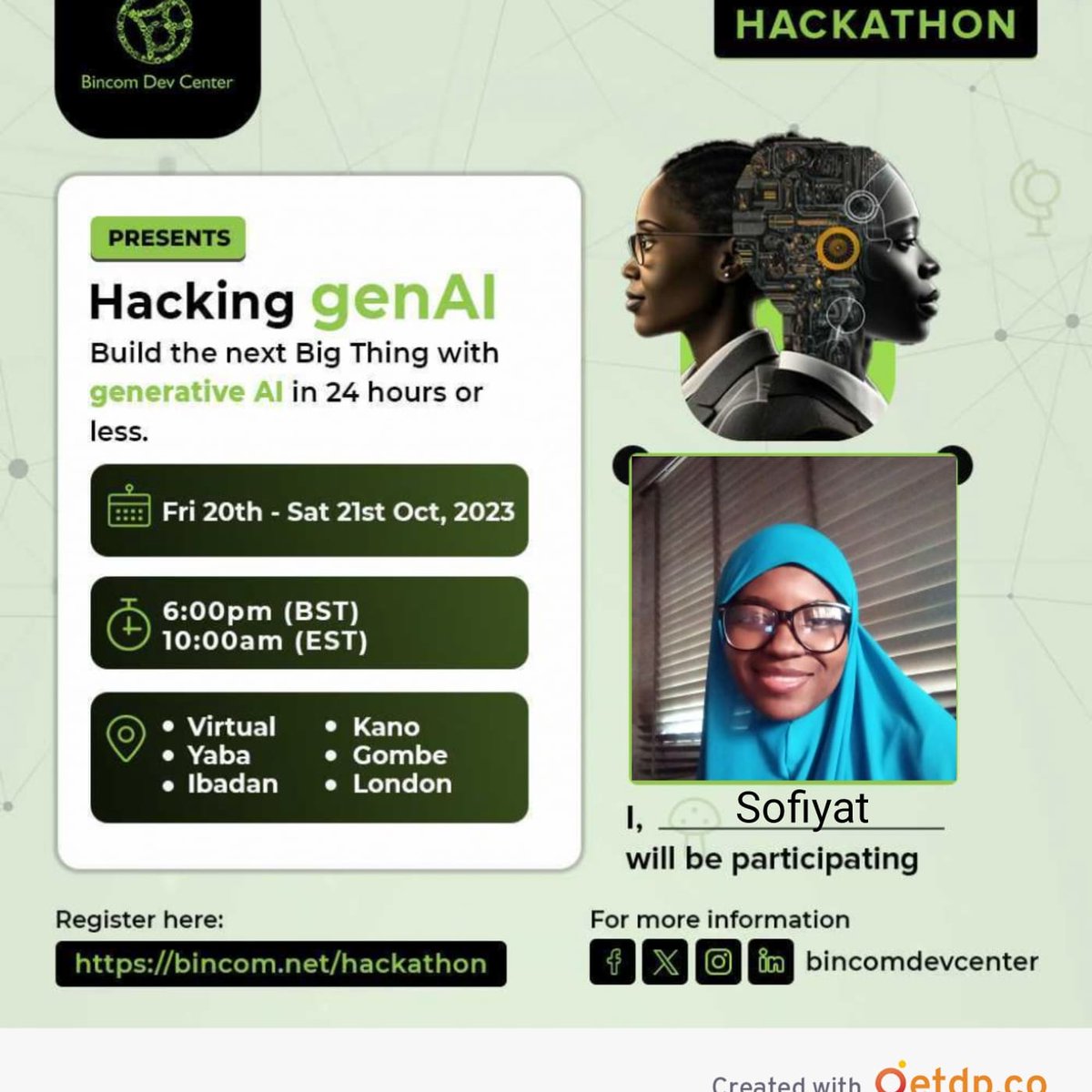 This is another Bincom Hackathon in which I will be participating. And this another opportunity to collaborate and connect with people. @BincomDevcenter #Bincomhackathon #hackathon