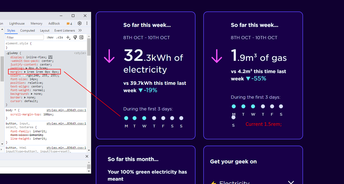 antonmccoy's tweet photo. Hi @OctopusEnergy. A super nerdy bit of feedback, but on the 'Usage page' it might be better for the margin on the dots to be 1rem instead of 1.5rem, as at 1.5rem margin they are wrapping (on various screen sizes). #uxhelp https://t.co/3RVpMa375u