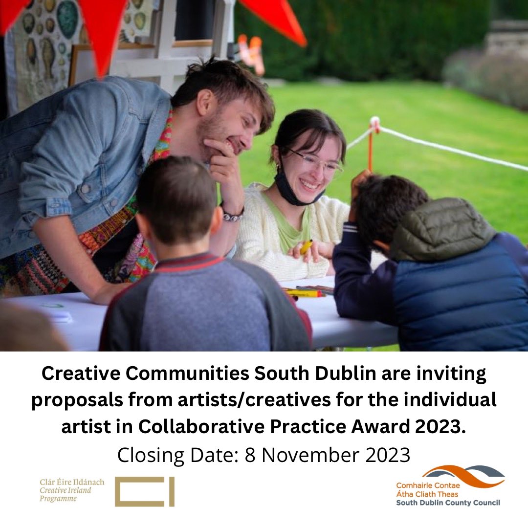 Creative Ireland South Dublin are inviting proposals from artists/creatives for the individual artist in Collaborative Practice Award 2023. 

🌟Award 1: up to €10,000
🌟Award 2: up to €5000

To apply: submit.link/22J 
⏳Application closes 8 November 2023