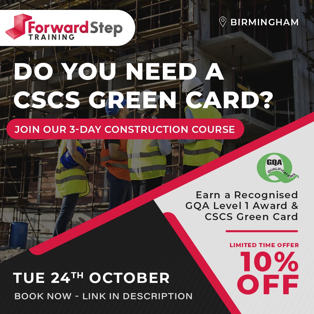 FwdStepTraining's tweet image. 🏗️ Secure your CSCS Green Card with our 3-day Construction Course on Tuesday 24thOctober. 🟢

Special offer: 10% off for a limited time! 

Learn more at forwardsteptraining.co.uk/construction

🛠️ #CSCSGreenCard #ConstructionTraining