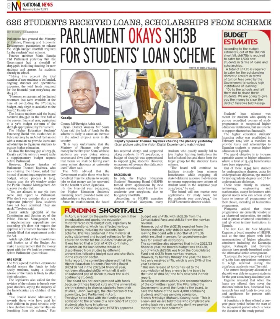 Good News from <a href="/Parliament_Ug/">Parliament of Uganda</a> as MPs approve the release of UGX 13B for the #StudentLoanScheme 

We thank MPs, Rt Hon <a href="/Thomas_Tayebwa/">Thomas Tayebwa</a>, Hon <a href="/MatiaK5/">Matia Kasaija</a> <a href="/mofpedU/">Ministry of Finance</a> &amp; <a href="/Educ_SportsUg/">Ministry of Education and Sports - Uganda</a> for all efforts to secure this important funding

Now able 2 clear outstanding payments to Institutions