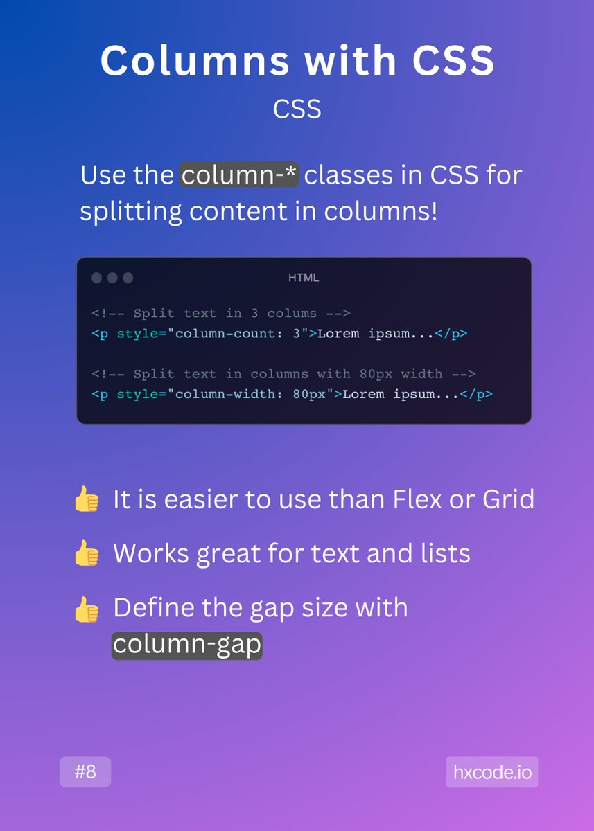 code_hx's tweet image. Columns with CSS
Use the column-* classes in #CSS for splitting content in columns!
#HTML #CSS #CodingTipps #DevTips #WebDesign #Frontend #Coding