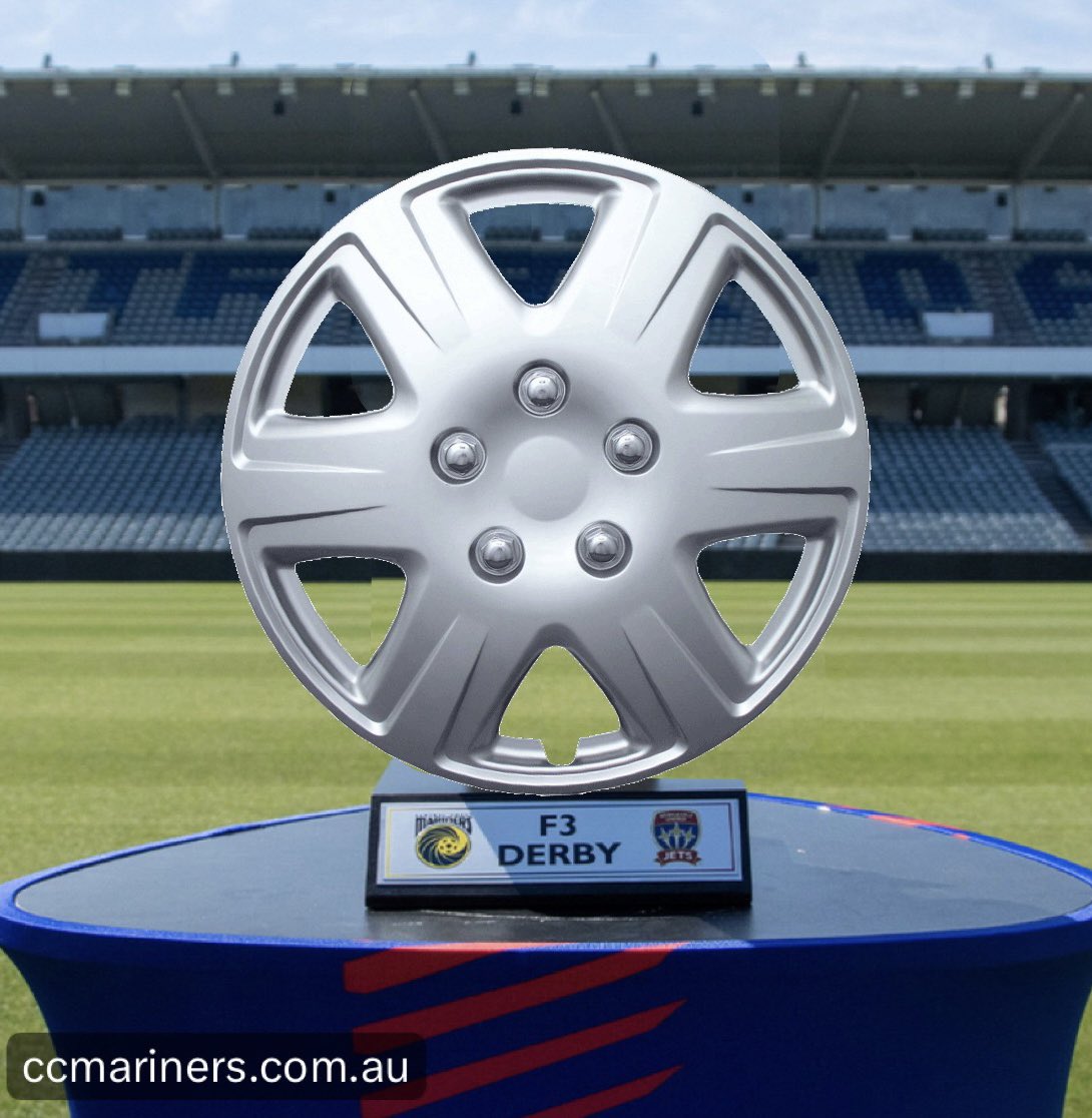 AgentALeague's tweet photo. In preparation for the upcoming reboot of A-League Youth competition, the winner of the F3 Derby will claim this coveted trophy made from a hubcap found on the side of F3 highway. https://t.co/NrO6MbZKOY