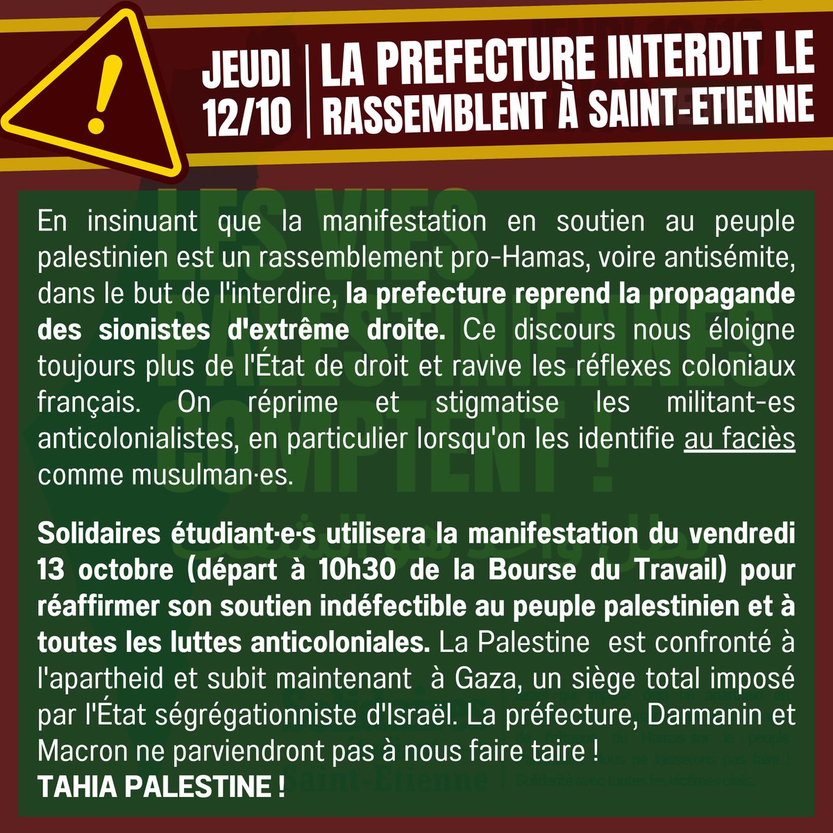 jeanlouisgasc's tweet photo. ⚠️🇵🇸 Rassemblement pour la Palestine  interdit ce soir. Pour ceux qui iront quand même, faites preuve de prudence (à titre individuel, nous y serons ✊🏼) ! En tant que Solidaires étudiant-e-s, cortège anticolonial lors de la manifestation du 13 octobre (manifestation autorisée). https://t.co/G1hrvEFH4r