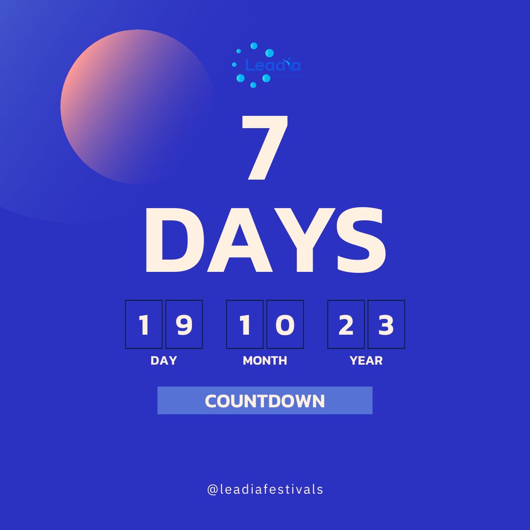 leadiafestivals's tweet image. 🌍✨ 7 days to go! In a week, we embark on a journey beyond networking. Get ready to dive deep into the synthesis of possibilities at the Leadia Festival. #LeadiaCountdown #OneWeekToGo