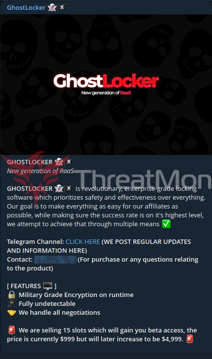 MonThreat's tweet photo. π¨ New Generation RaaS GhostLocker π»
The threat actor named "GhostSec" announced #GhostLocker, a lockdown software. It features military-grade encryption at runtime, complete undetectability, execution of all conversations, an advanced web panel for affiliates, reduced size, and faster encryption. The latest update also added self-deletion and kill services.
#RaaS #GhostSec #Darkweb #CTI