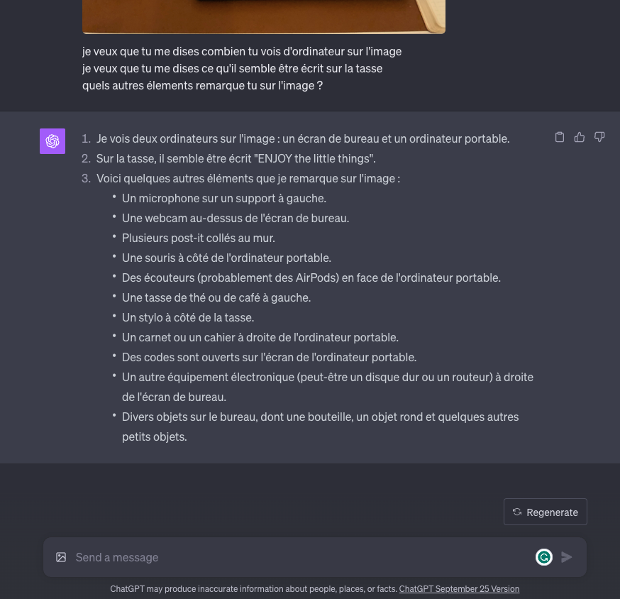 vinception777's tweet photo. Waaaaah c'est incroyableeee

Ce matin j'ai accès à Chat GPT Vision

Il peut voir et comprendre une image, j'ai hâte de le tester pour d'autres trucs

Vous avez des idées de problèmes que ça pourrait résoudre vous ?