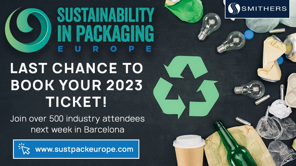 Last chance to join us at #SustainabilityinPackaging Europe 2023 next week! Join Amazon, LVMH, P&amp;G, Unilever, Coca-Cola, Pepsico, LEGO, Aldi, Tesco, Diageo &amp; many more as they discuss the drive towards #circularity - bit.ly/3S1r4kh #sustpack #sustainability #packaging