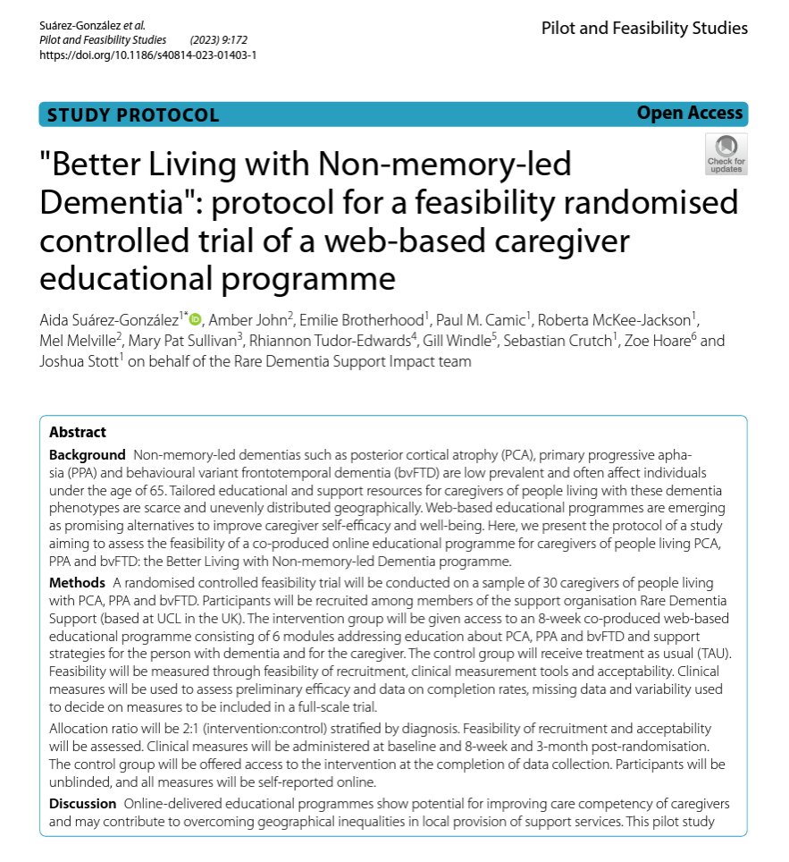Protocol for the "Better Living with Non-memory-led Dementia" programme feasibility trial is not out (including the development process): …tfeasibilitystudies.biomedcentral.com/articles/10.11…

👉Results coming soon 👁️👀
👉And protocol for a large-scale RCT as well🚀🌎

<a href="/RareDementia/">RareDementiaSupport</a> <a href="/rdscanada/">@RDSCanada</a> <a href="/ADAPTlabUCL/">ADAPT Lab</a>