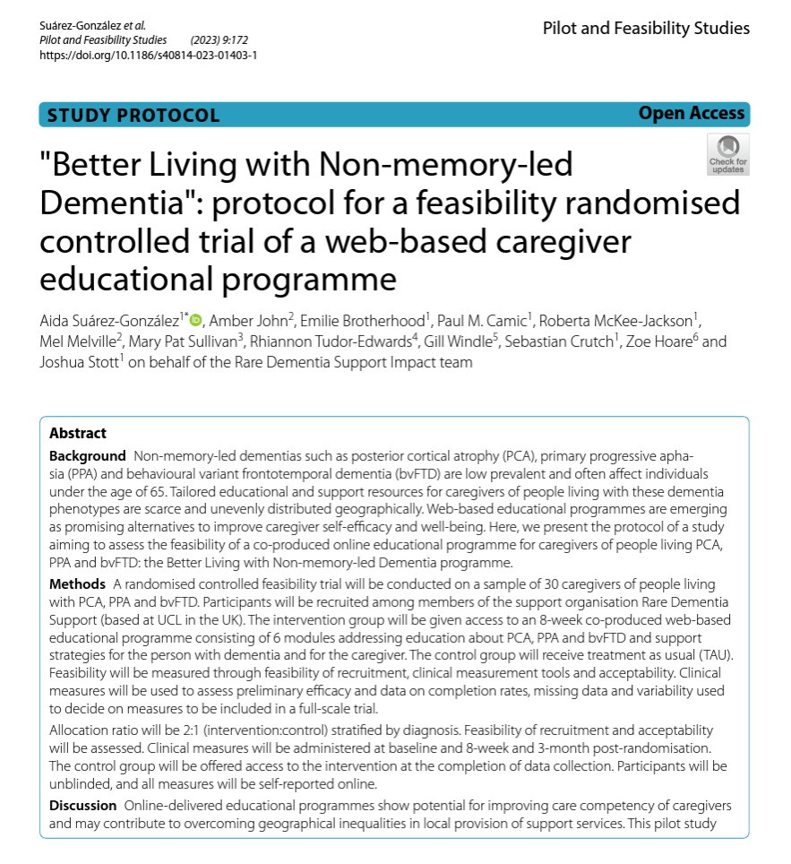 Protocol for the 'Better Living with Non-memory-led Dementia' programme feasibility trial is not out (including the development process): …tfeasibilitystudies.biomedcentral.com/articles/10.11… 👉Results coming soon 👁️👀 👉And protocol for a large-scale RCT as well🚀🌎 @RareDementia @rdscanada @ADAPTlabUCL