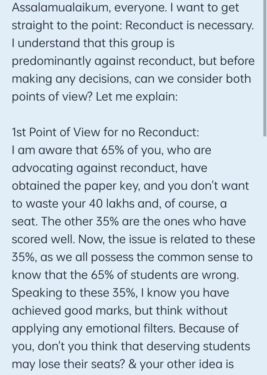 ATehlwani's tweet photo. #ReconductMDCAT2023 #Noreconduct #NoreconductMDCAT #JSMU
The below message is made up to introduce you to both Point of Views. After that you will be at a level where you can decide yourself who to support Reconduct or Not.
The text below may be long but it is worth it to read. https://t.co/WByd9plSXP