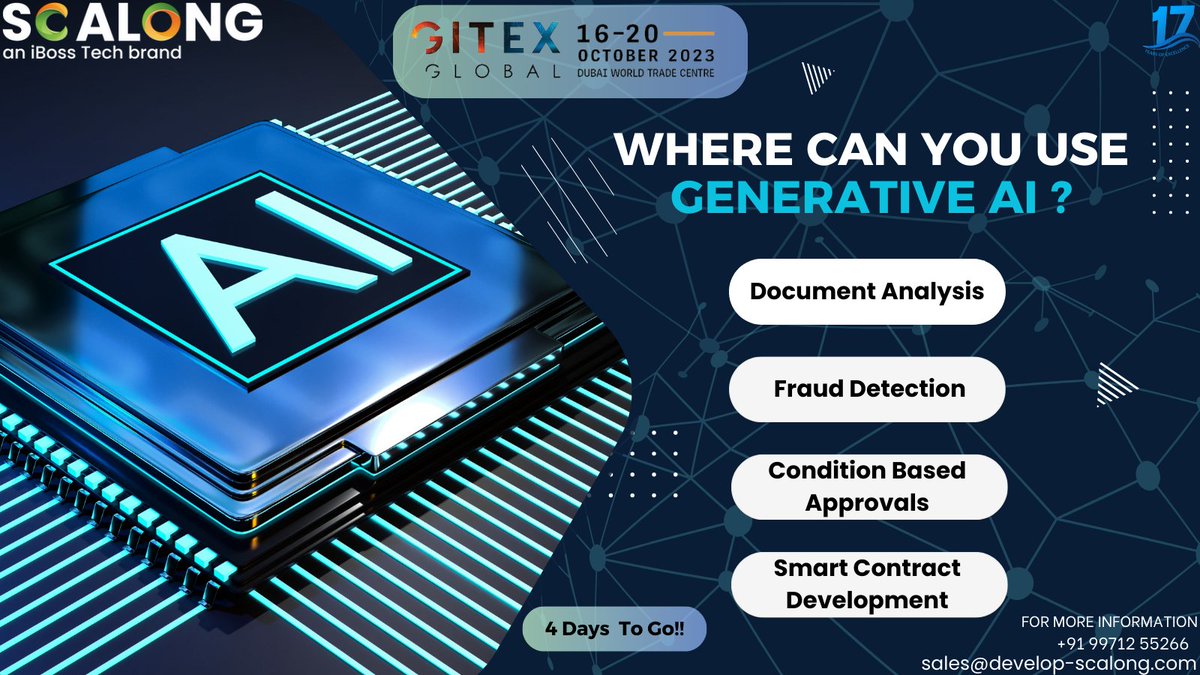 Scalongpltd's tweet photo. Just 4 days until GITEX 2023! Join us at Booth H10-2 and discover how Scalong's #GenerativeAI is reshaping workflows. From lightning-fast data analysis to precise content generation, we're at the forefront of technical innovation. Don't miss out! 🔍 #GITEX2023 #Dubai https://t.co/7zktYZ21C2
