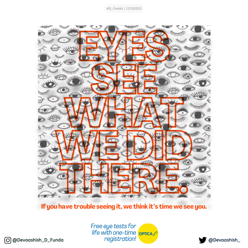 Devaashish_'s tweet photo. .@OneMinuteBriefs:
Advertise #EyeTests for #WorldSightDay.
🧵1
#D_Funda
Do you what I did there? - No?!
Then it's time you visit @OpticaKenya for a free eye test!
👀
👓
#punD #adsD #worDplay #designD #minimalism #minimalist #specAd #copywriting #eyecare #vision #sight #see https://t.co/Q4L0DYox4V